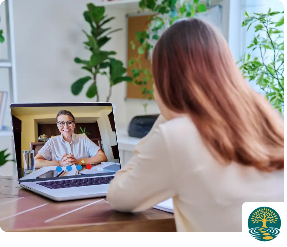 Woman in virtual meeting at home